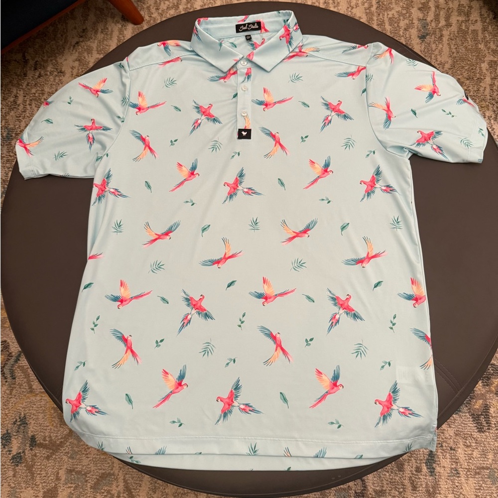 Bad Birdie Light Blue Polo with Colorful Bird Print